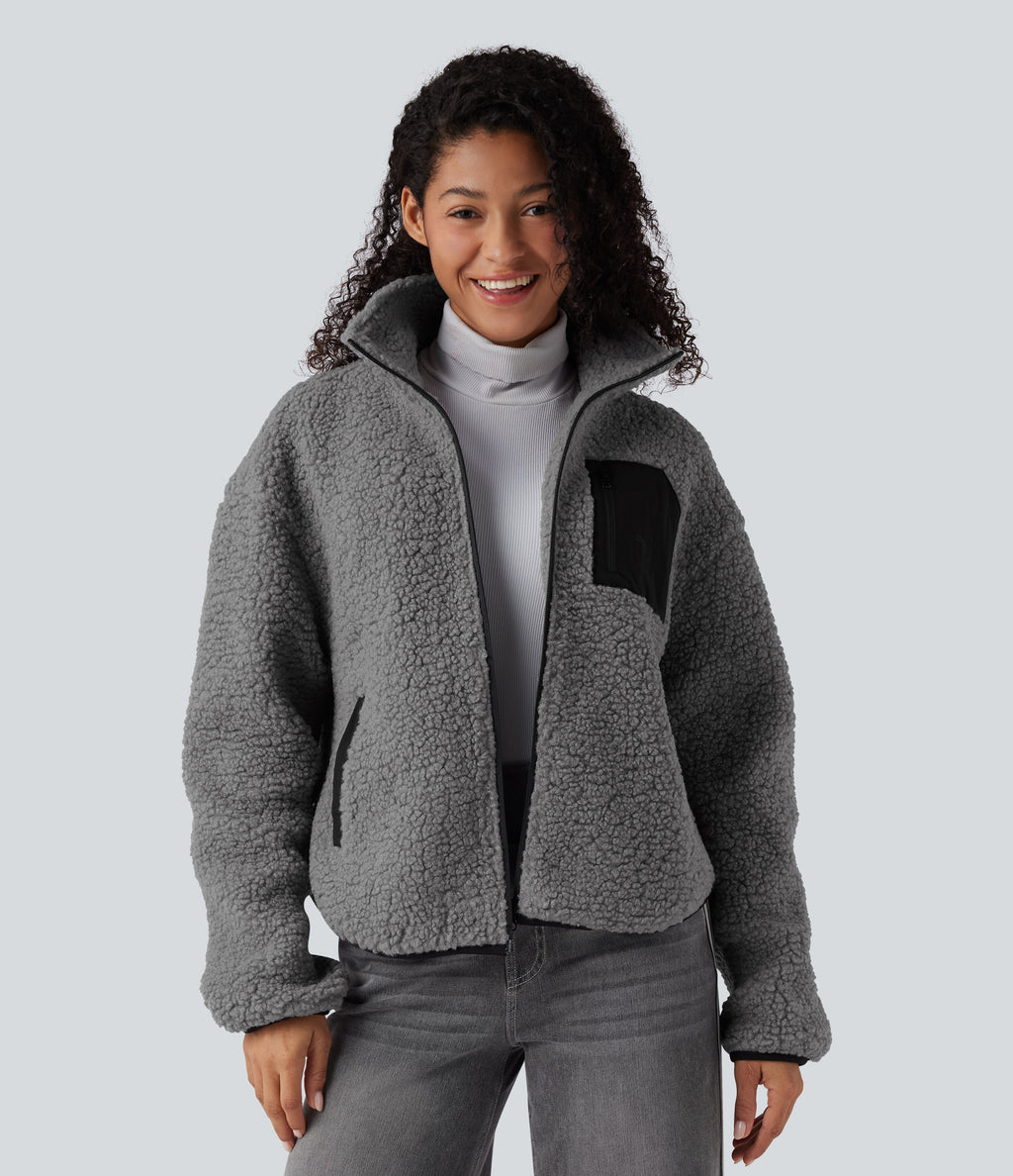 Turtleneck Long Sleeve Casual Sherpa Jacket with Pockets — Gray Contours — view 2