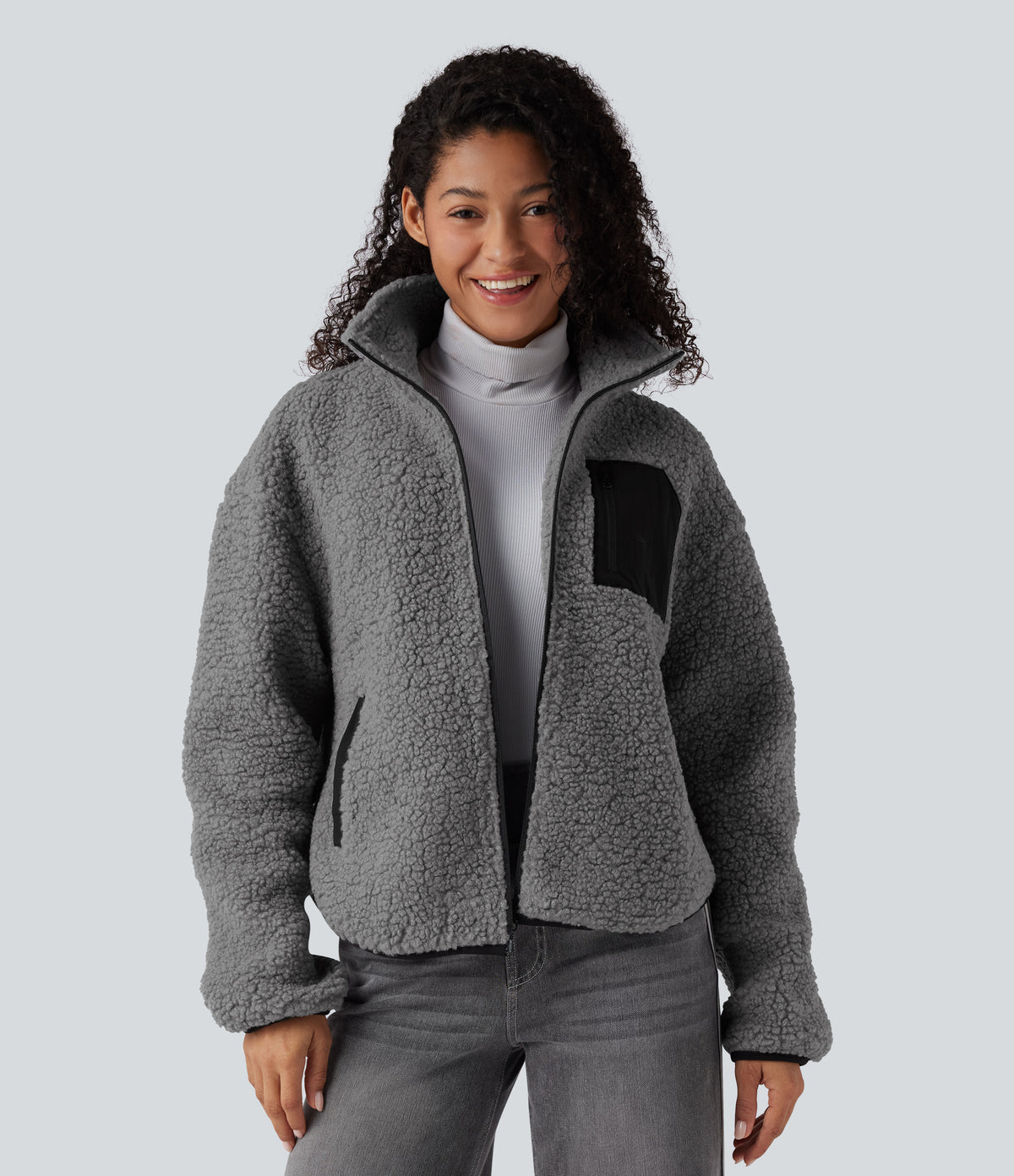 Turtleneck Long Sleeve Casual Sherpa Jacket with Pockets — Gray Contours — view 2