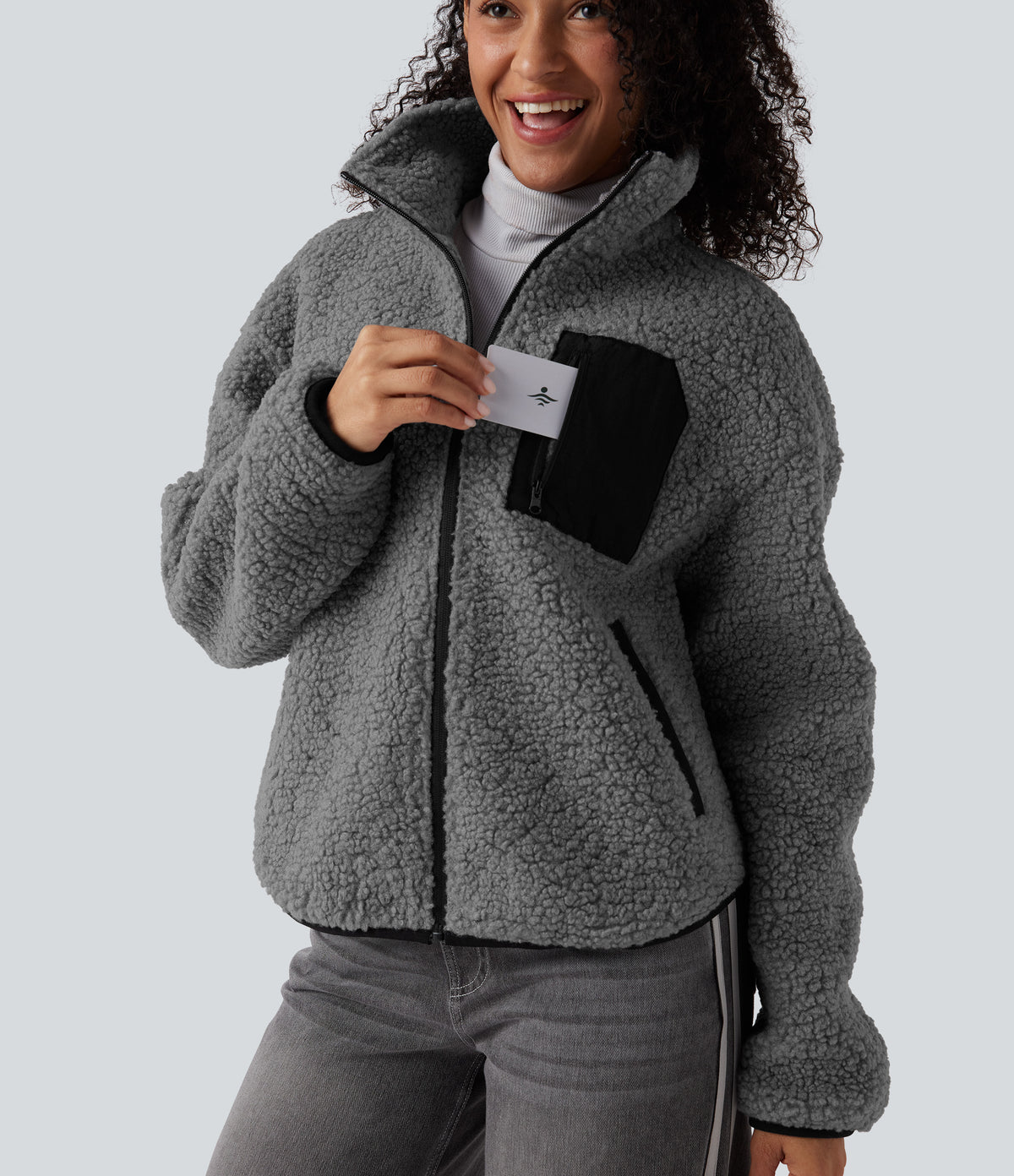 Turtleneck Long Sleeve Casual Sherpa Jacket with Pockets — Gray Contours — view 1