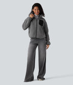 Turtleneck Long Sleeve Casual Sherpa Jacket with Pockets — Gray Contours — view 6