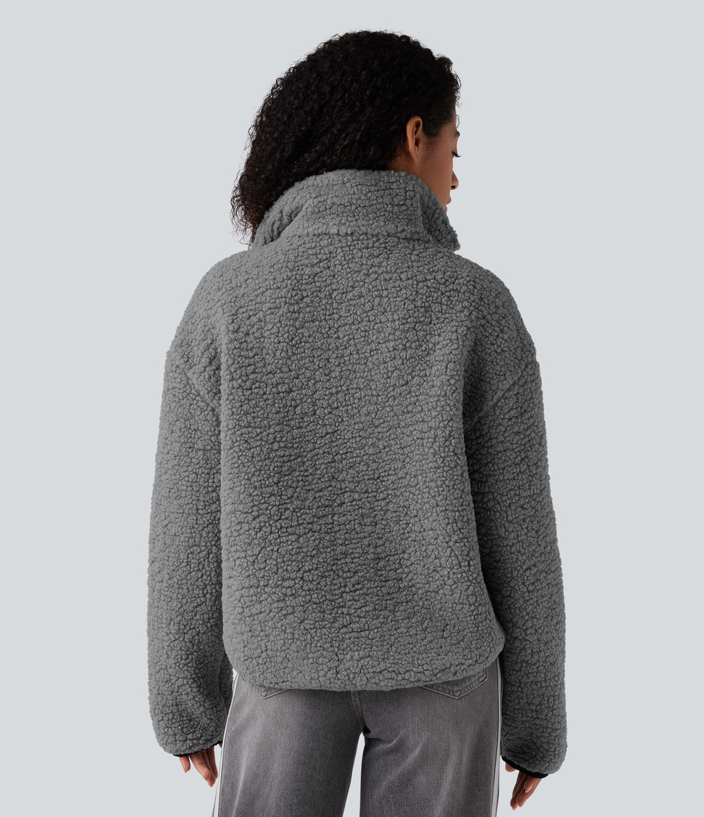 Turtleneck Long Sleeve Casual Sherpa Jacket with Pockets — Gray Contours — view 3