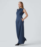Mock-neck Zipper Sleeveless Work Wide Leg Jumpsuit with Pockets — Paeonia Ocean Blue — view 3
