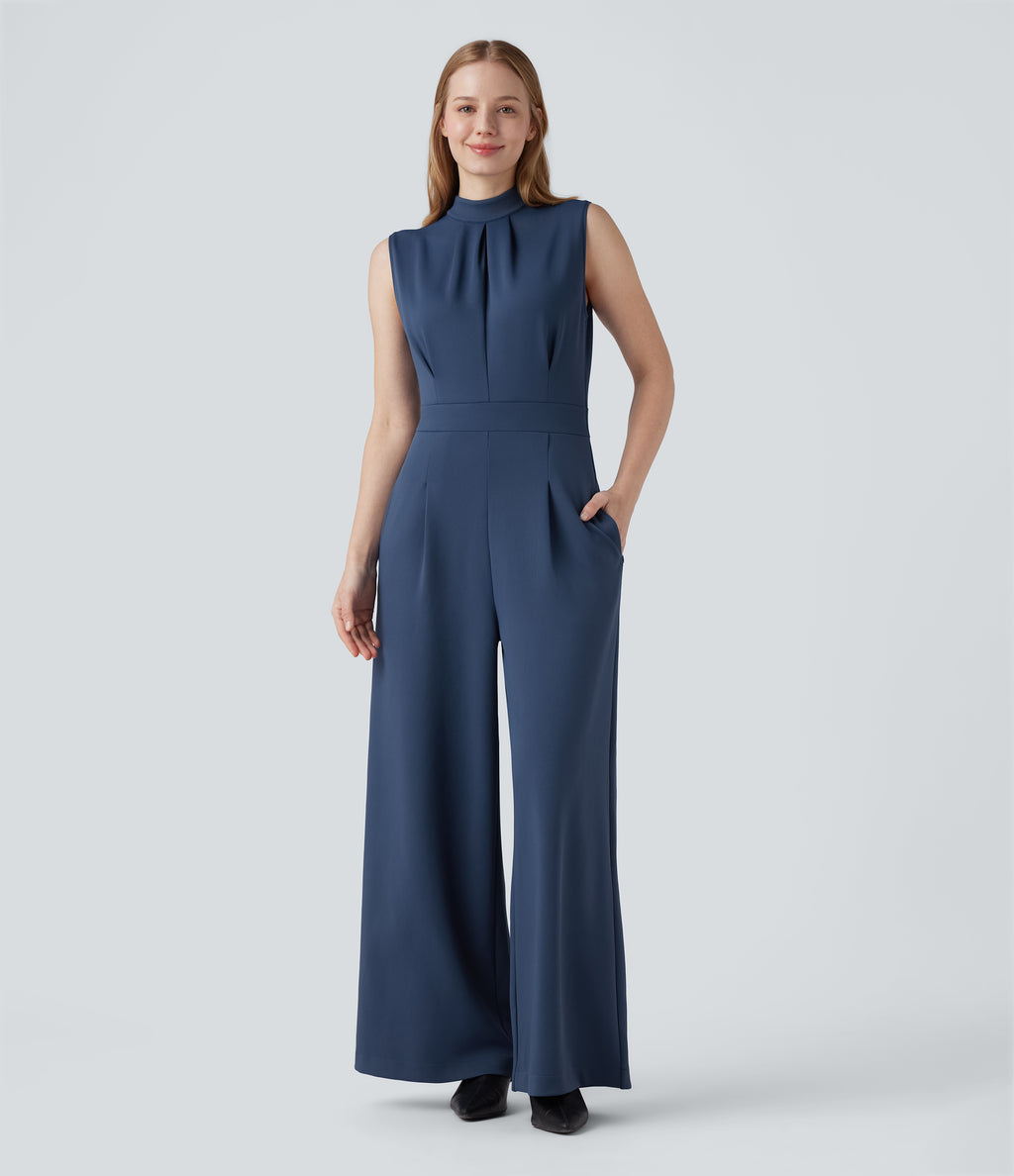 Mock-neck Zipper Sleeveless Work Wide Leg Jumpsuit with Pockets — Paeonia Ocean Blue — view 1