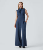 Mock-neck Zipper Sleeveless Work Wide Leg Jumpsuit with Pockets — Paeonia Ocean Blue — view 1