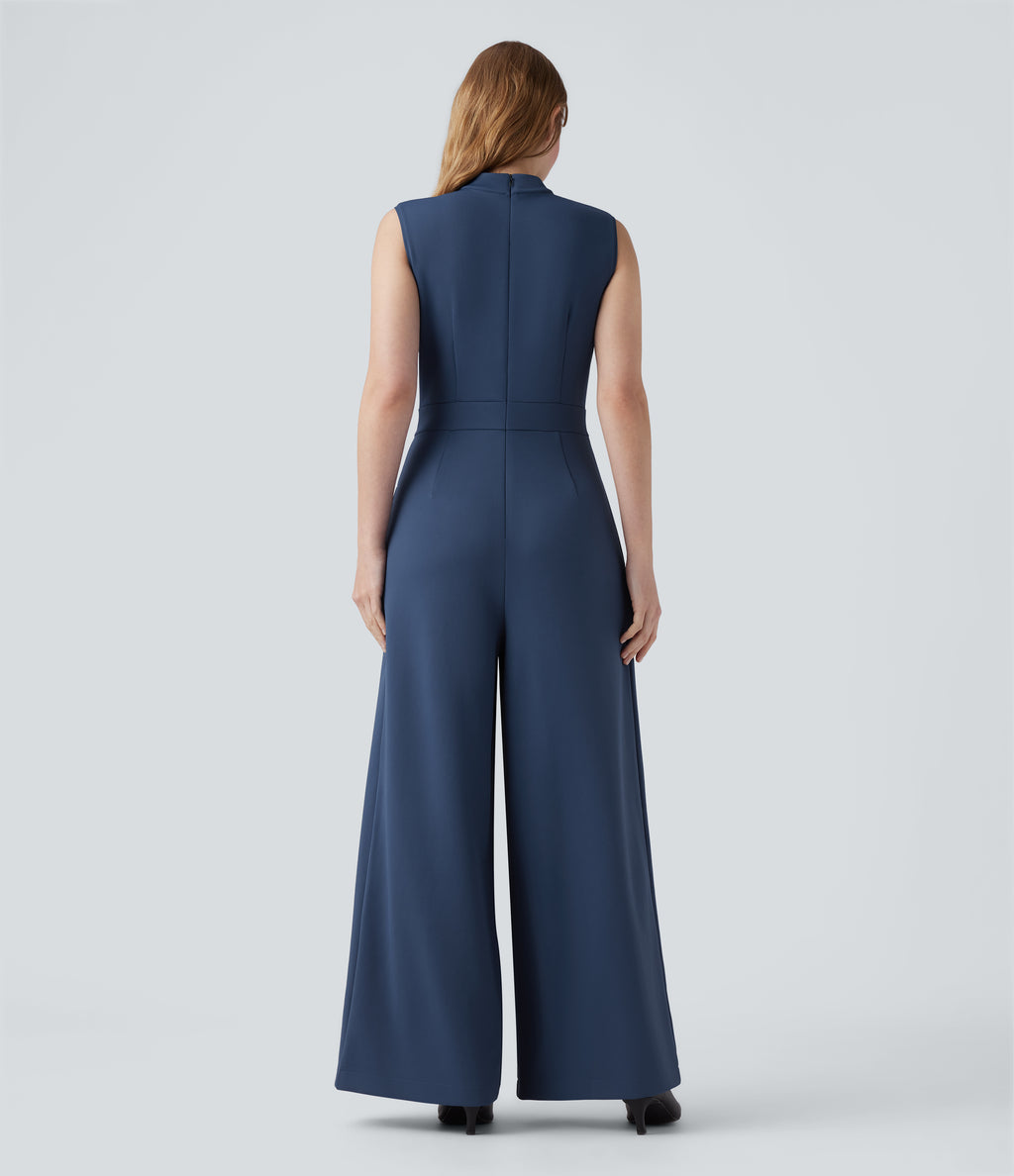 Mock-neck Zipper Sleeveless Work Wide Leg Jumpsuit with Pockets — Paeonia Ocean Blue — view 2
