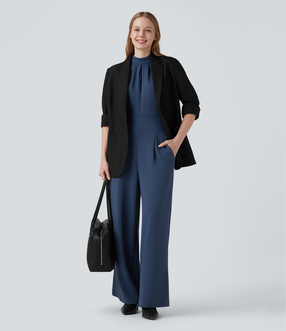 Mock-neck Zipper Sleeveless Work Wide Leg Jumpsuit with Pockets — Paeonia Ocean Blue — view 6