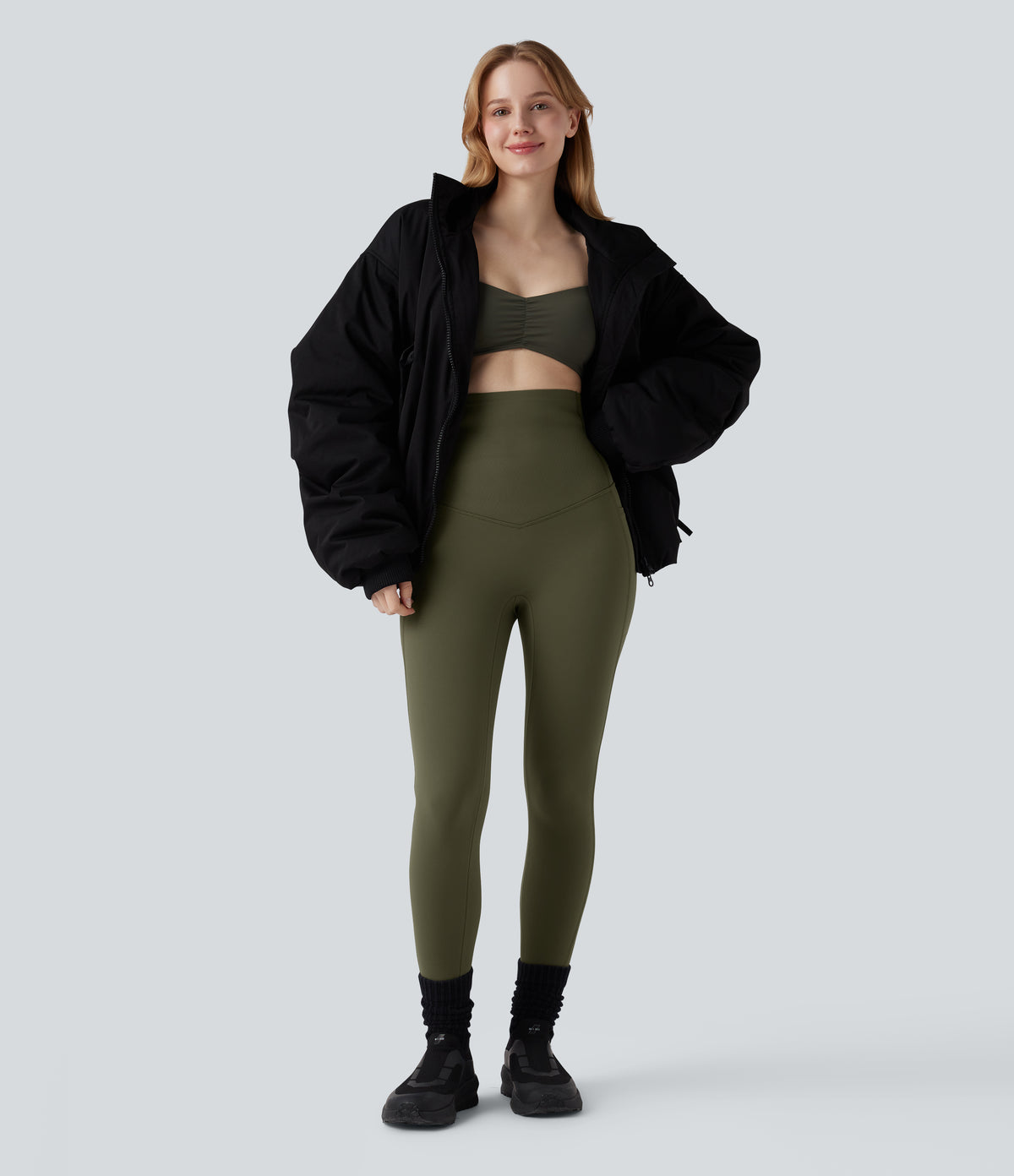 Extra Heat Ultra High-Waist Tummy Control Training Leggings with Pockets — Grass Grey Green — view 7