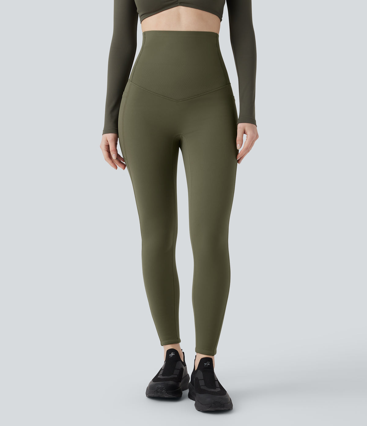 Extra Heat Ultra High-Waist Tummy Control Training Leggings with Pockets — Grass Grey Green — view 2
