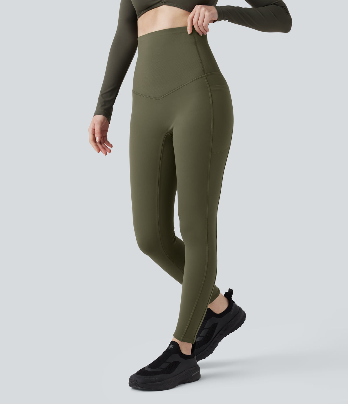 Extra Heat Ultra High-Waist Tummy Control Training Leggings with Pockets — Grass Grey Green — view 3