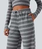 Mid Rise Drawstring Wide Leg Waffle Gradient Stripe Casual Trousers with Pockets — Silver Fog — view 4
