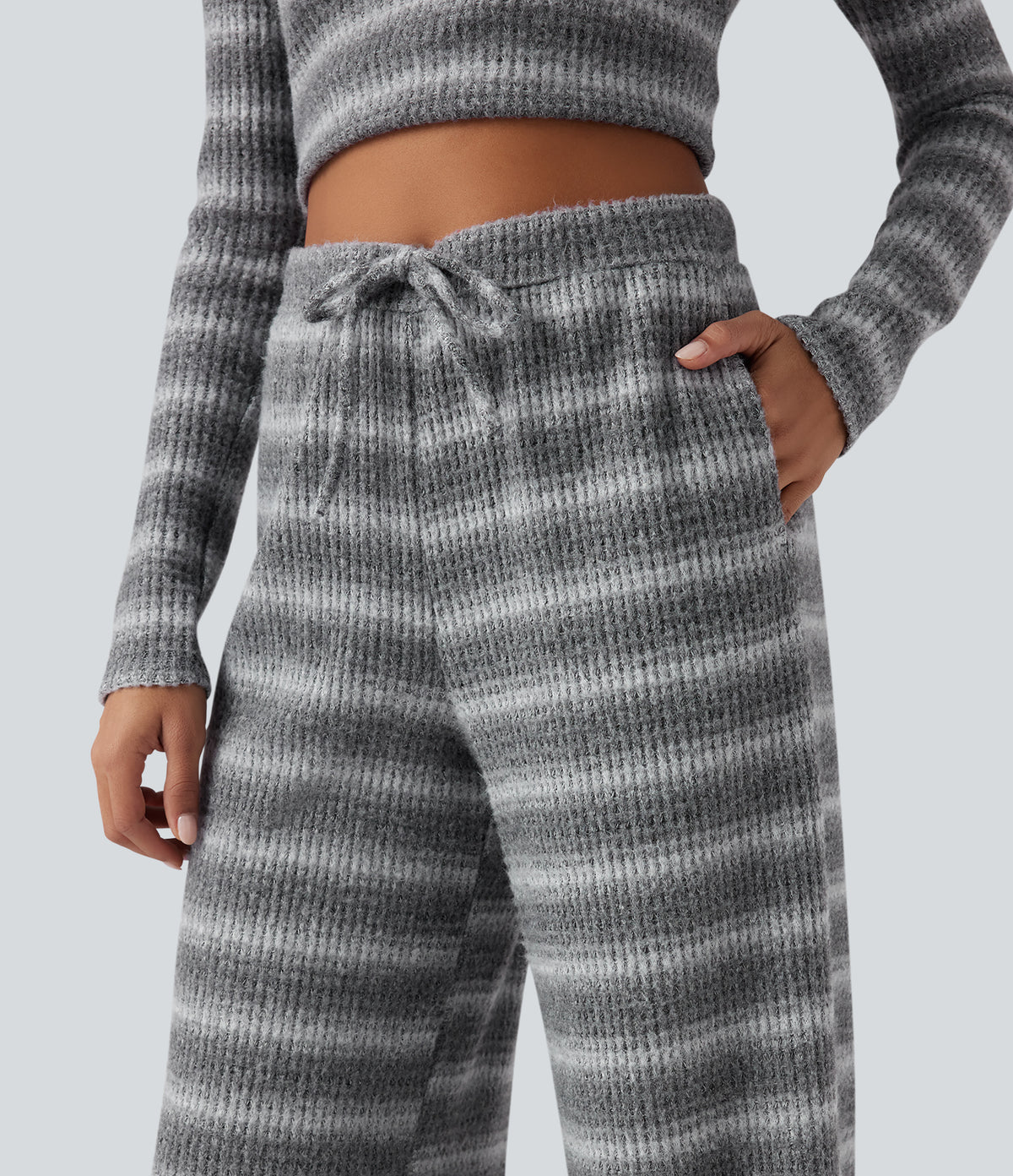 Mid Rise Drawstring Wide Leg Waffle Gradient Stripe Casual Trousers with Pockets — Silver Fog — view 4
