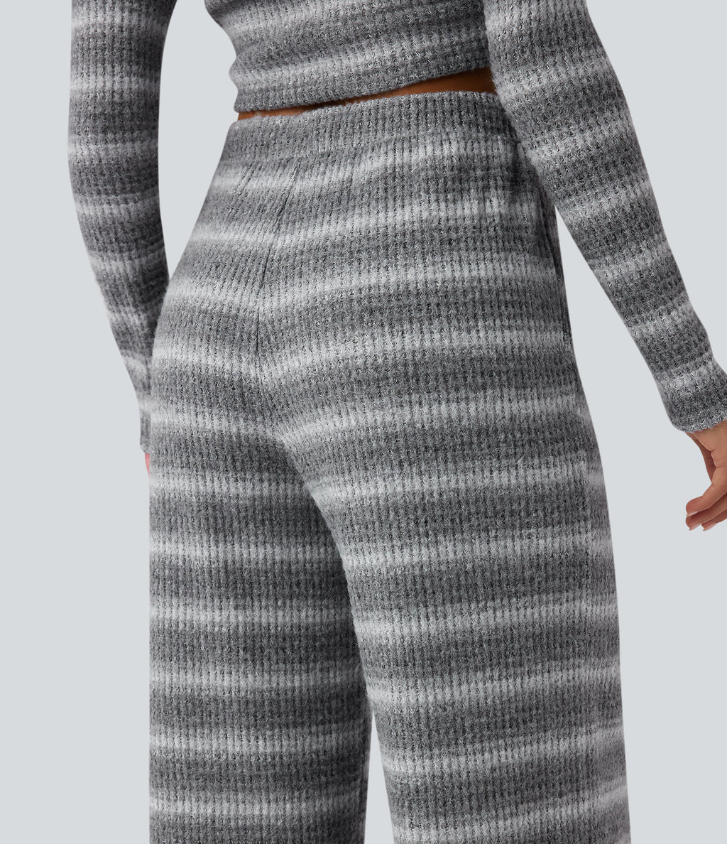 Mid Rise Drawstring Wide Leg Waffle Gradient Stripe Casual Trousers with Pockets — Silver Fog — view 5