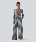 Mid Rise Drawstring Wide Leg Waffle Gradient Stripe Casual Trousers with Pockets — Silver Fog — view 6