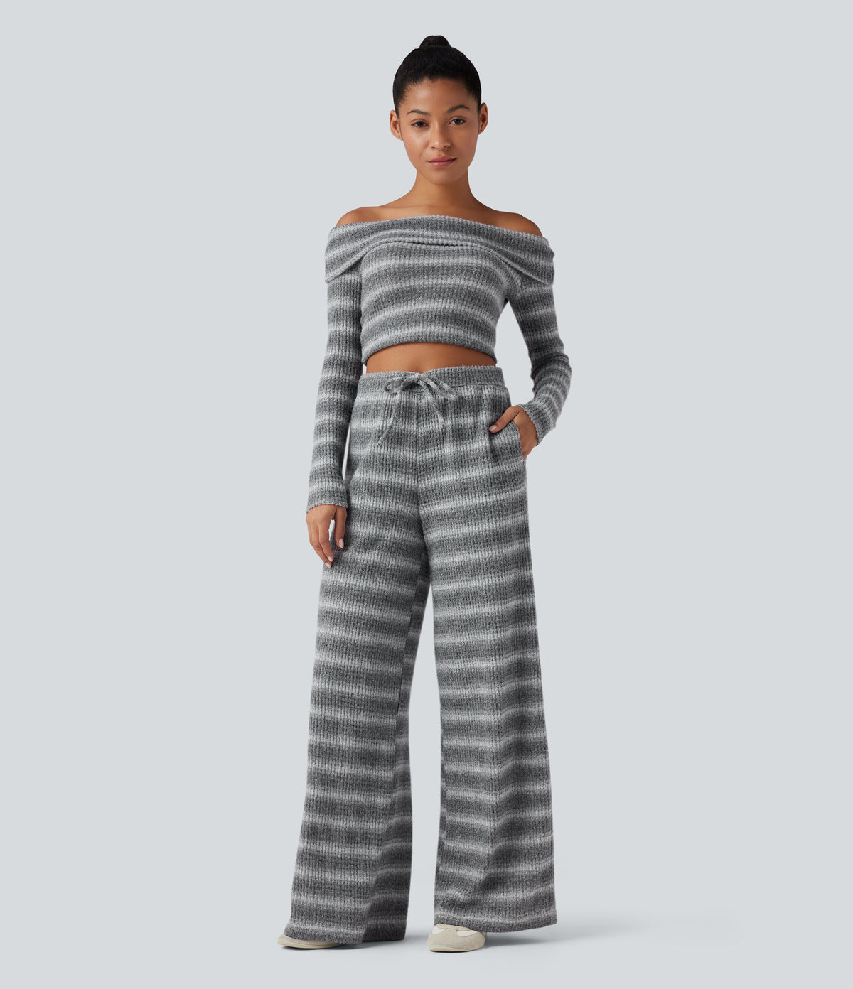 Mid Rise Drawstring Wide Leg Waffle Gradient Stripe Casual Trousers with Pockets — Silver Fog — view 6