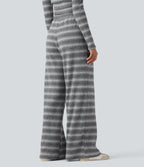 Mid Rise Drawstring Wide Leg Waffle Gradient Stripe Casual Trousers with Pockets — Silver Fog — view 2