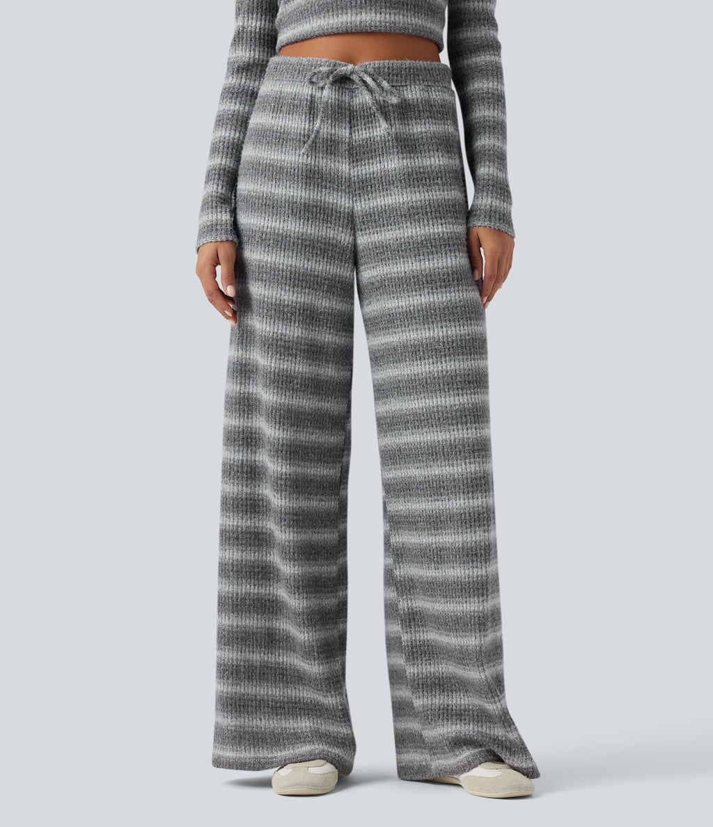 Mid Rise Drawstring Wide Leg Waffle Gradient Stripe Casual Trousers with Pockets — Silver Fog — view 1
