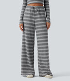 Mid Rise Drawstring Wide Leg Waffle Gradient Stripe Casual Trousers with Pockets — Silver Fog — view 1
