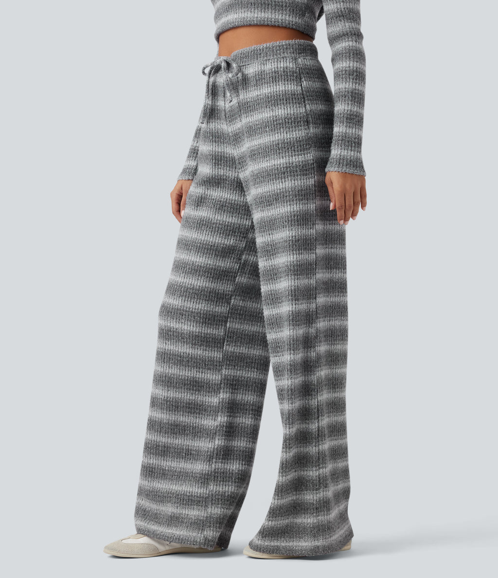 Mid Rise Drawstring Wide Leg Waffle Gradient Stripe Casual Trousers with Pockets — Silver Fog — view 3
