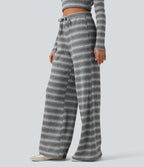 Mid Rise Drawstring Wide Leg Waffle Gradient Stripe Casual Trousers with Pockets — Silver Fog — view 3