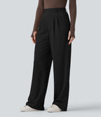 High Waisted Straight Leg Micro Waffle Work Trousers with Pockets — Black — view 3