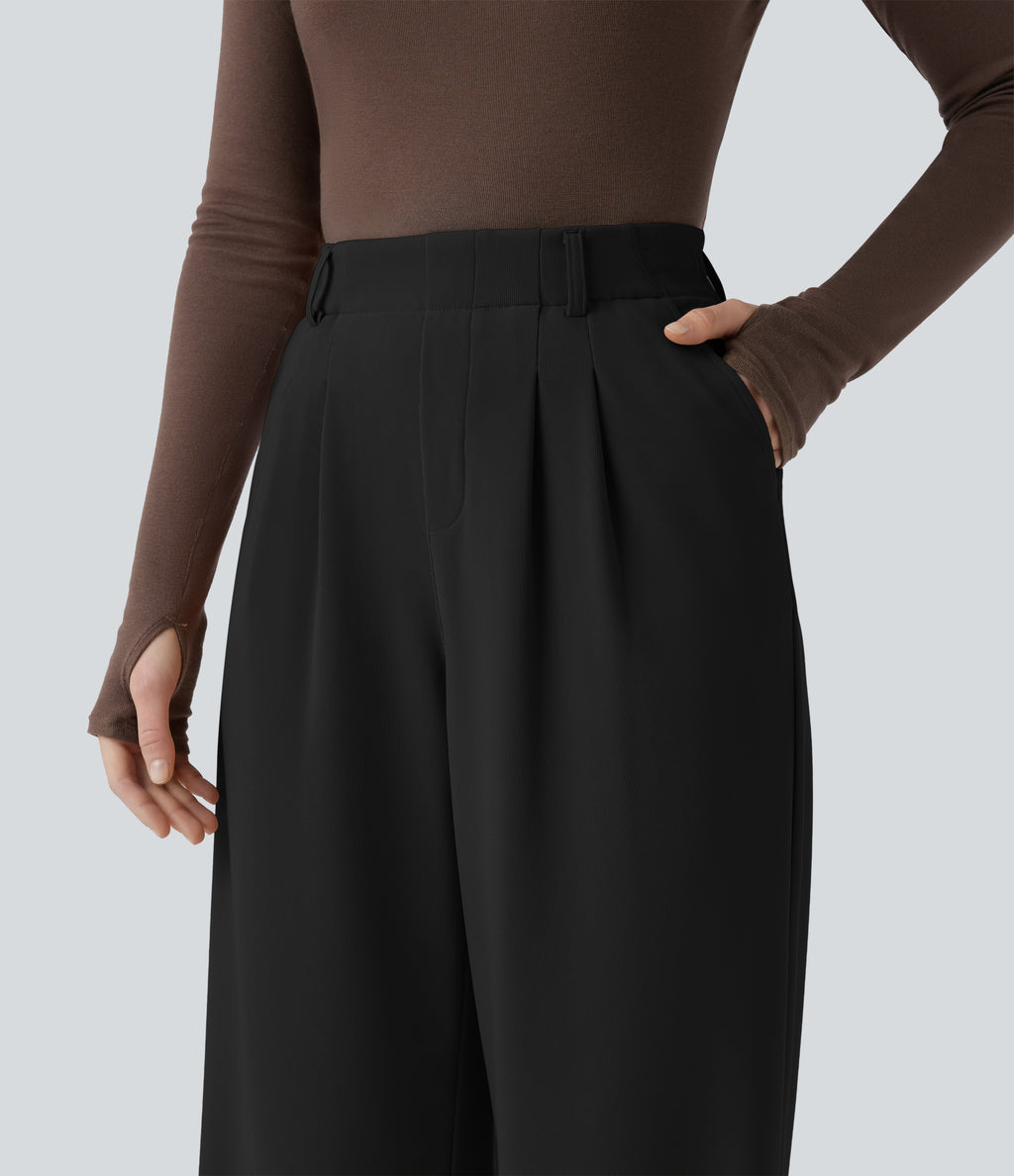 High Waisted Straight Leg Micro Waffle Work Trousers with Pockets — Black — view 5