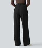 High Waisted Straight Leg Micro Waffle Work Trousers with Pockets — Black — view 1