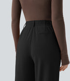 High Waisted Straight Leg Micro Waffle Work Trousers with Pockets — Black — view 4