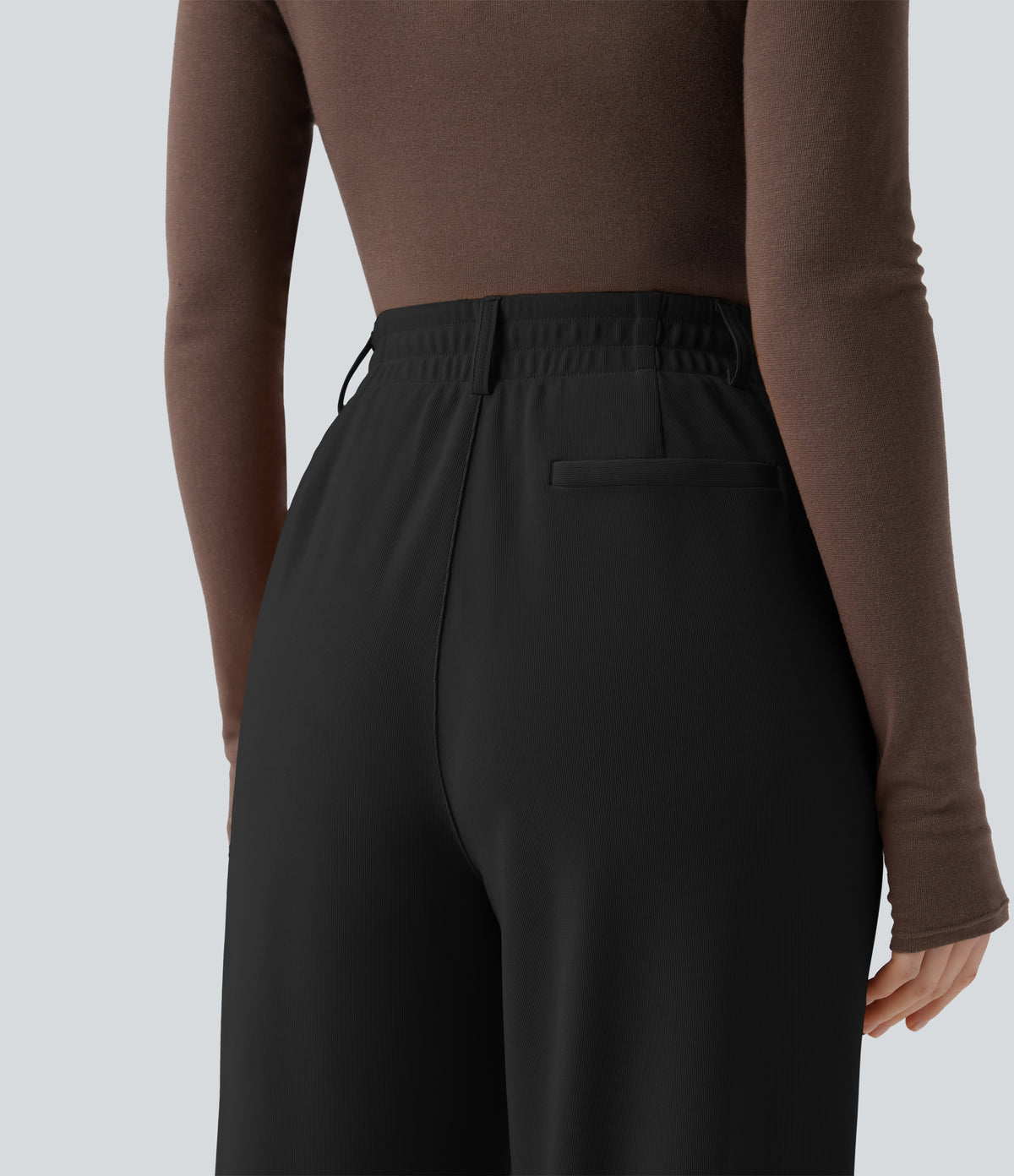 High Waisted Straight Leg Micro Waffle Work Trousers with Pockets — Black — view 4