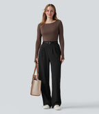 High Waisted Straight Leg Micro Waffle Work Trousers with Pockets — Black — view 6