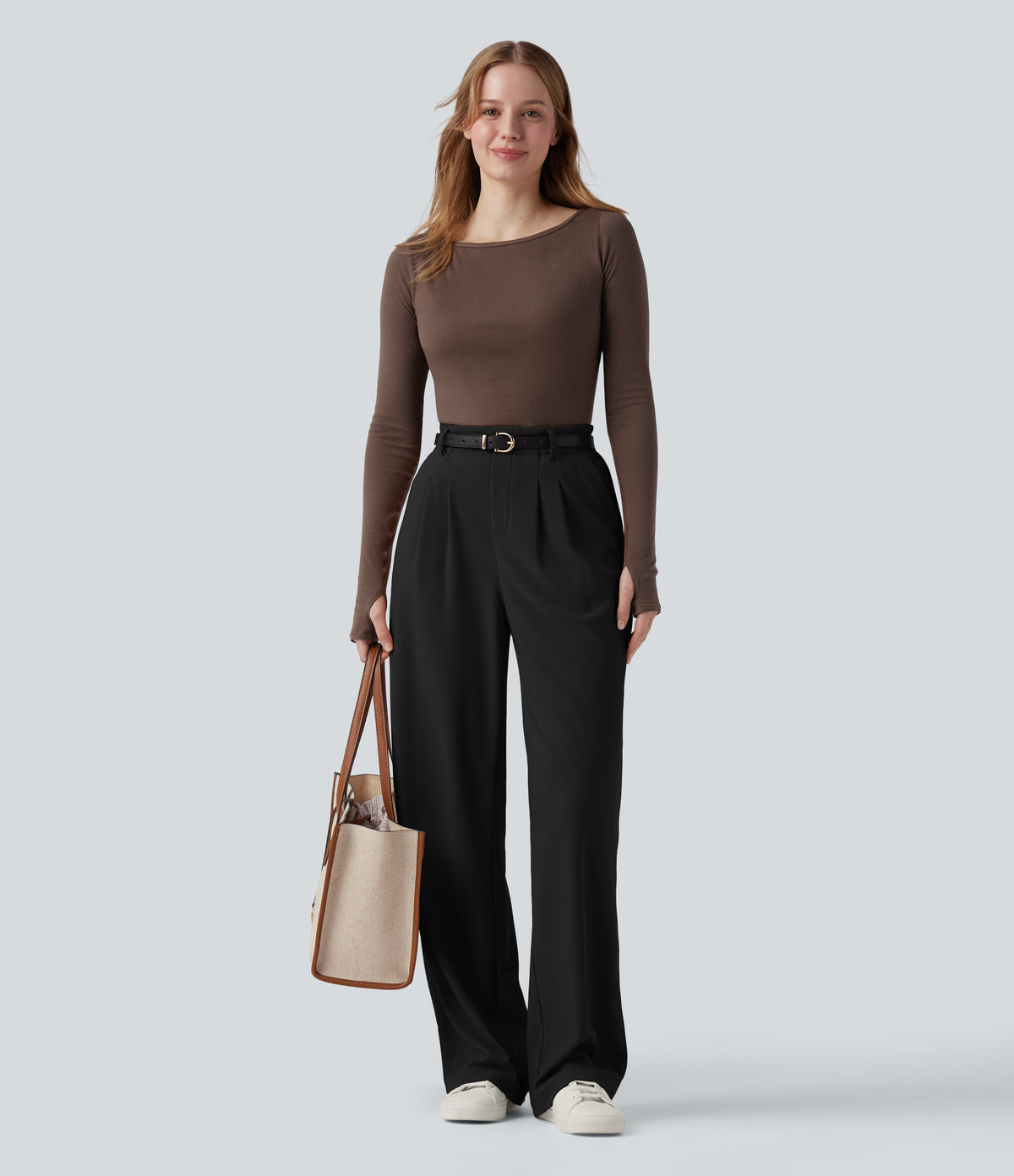 High Waisted Straight Leg Micro Waffle Work Trousers with Pockets — Black — view 6