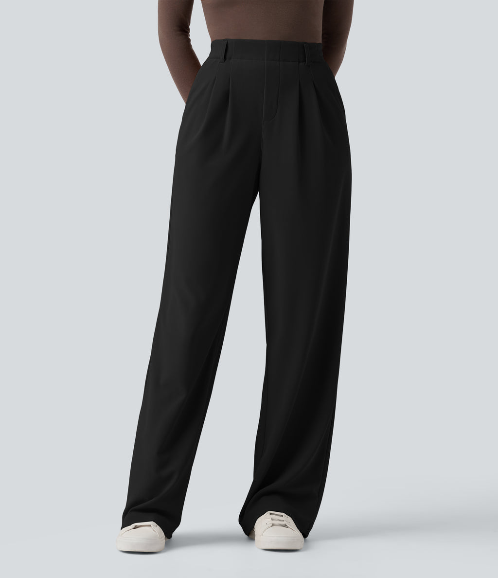High Waisted Straight Leg Micro Waffle Work Trousers with Pockets — Black — view 2