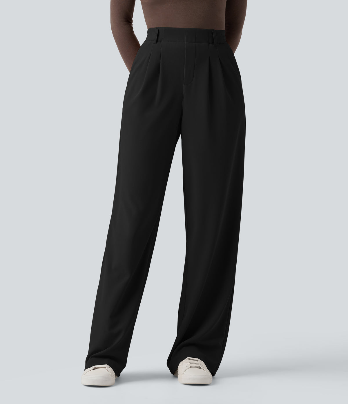 High Waisted Straight Leg Micro Waffle Work Trousers with Pockets — Black — view 2