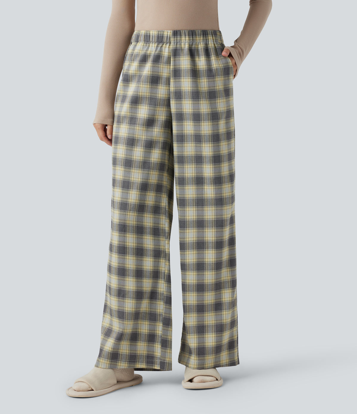 High Waisted Plaid Baggy Lounge Trousers with Pockets — Mustard Plaid — view 3