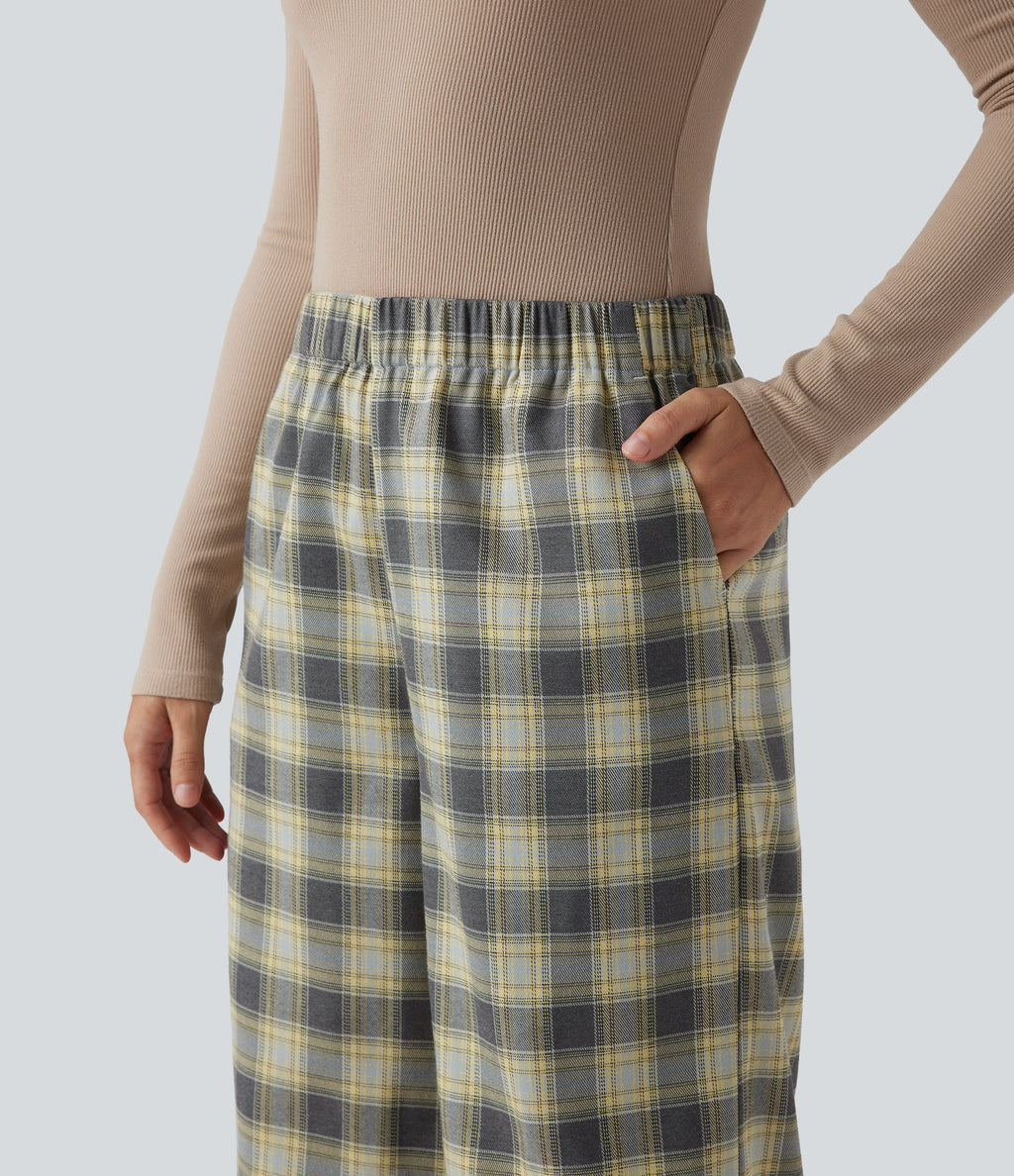 High Waisted Plaid Baggy Lounge Trousers with Pockets — Mustard Plaid — view 4