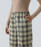 High Waisted Plaid Baggy Lounge Trousers with Pockets — Mustard Plaid — view 4