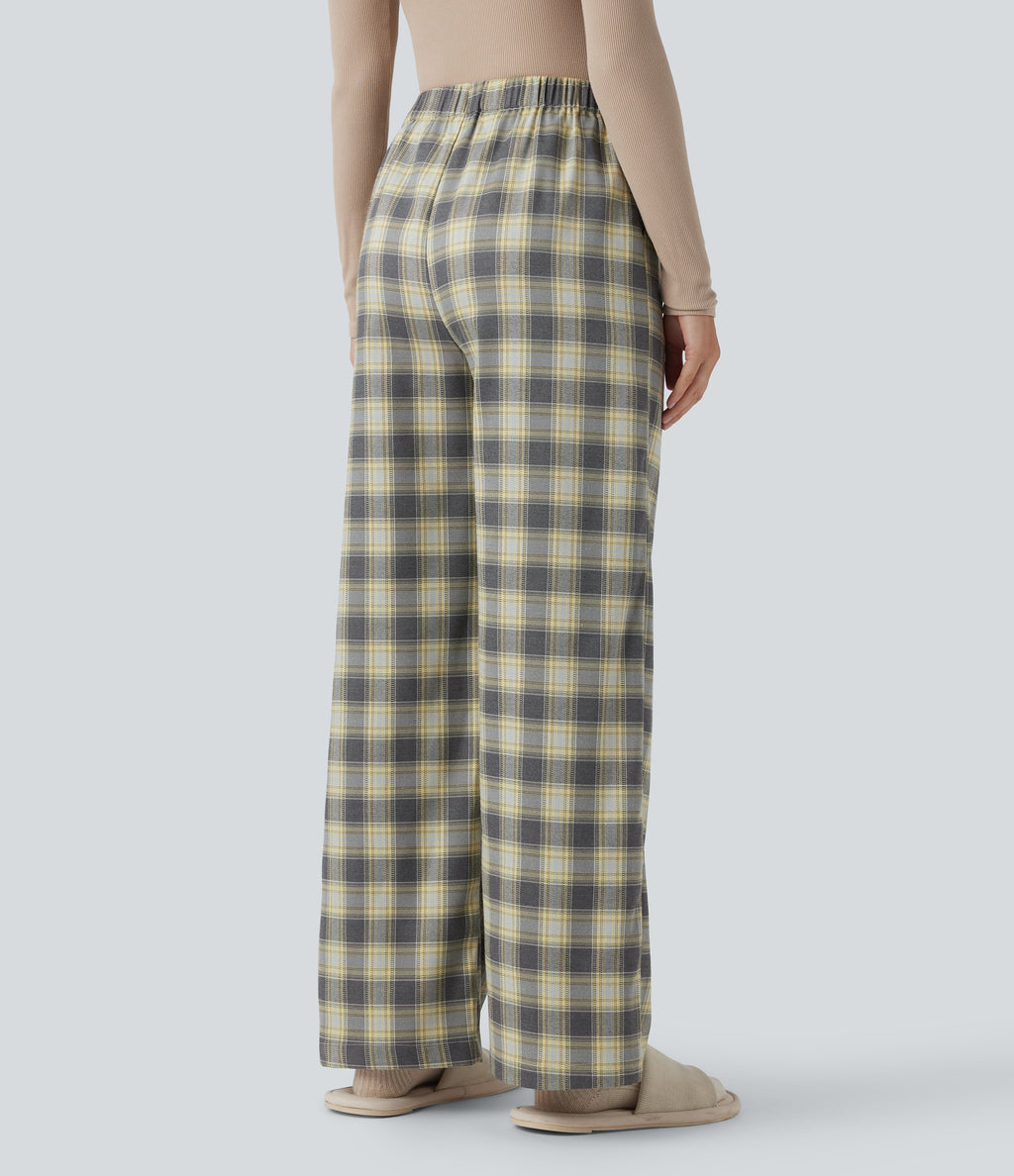 High Waisted Plaid Baggy Lounge Trousers with Pockets — Mustard Plaid — view 2