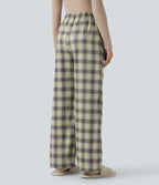 High Waisted Plaid Baggy Lounge Trousers with Pockets — Mustard Plaid — view 2