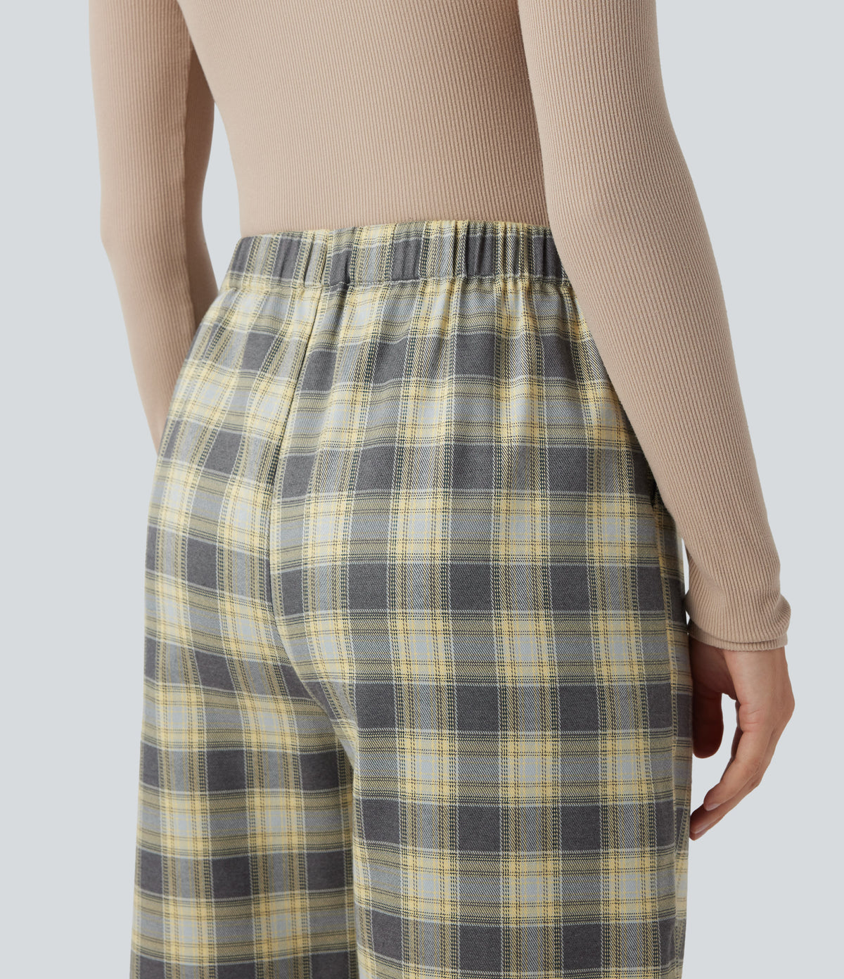 High Waisted Plaid Baggy Lounge Trousers with Pockets — Mustard Plaid — view 5
