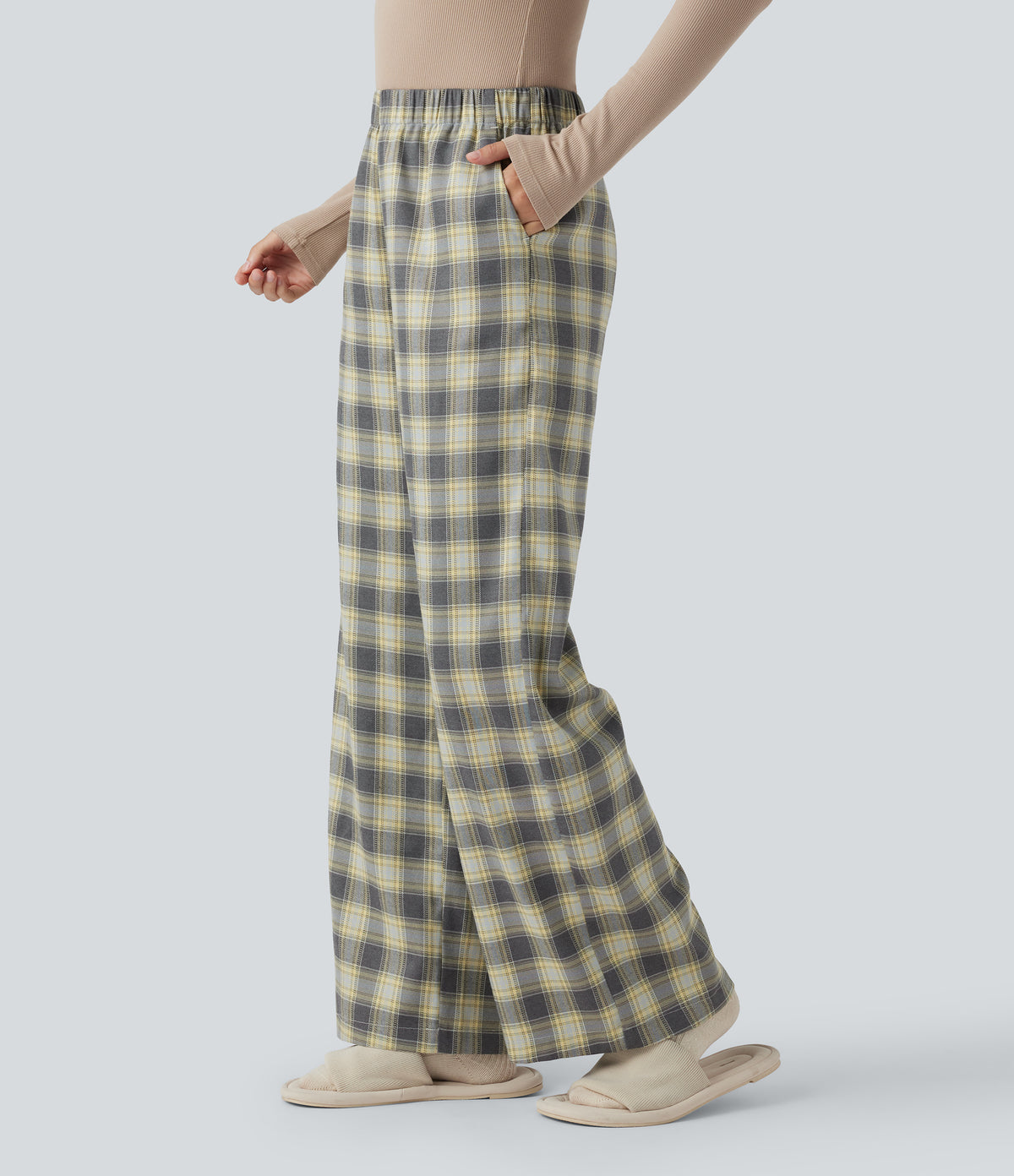 High Waisted Plaid Baggy Lounge Trousers with Pockets — Mustard Plaid — view 1
