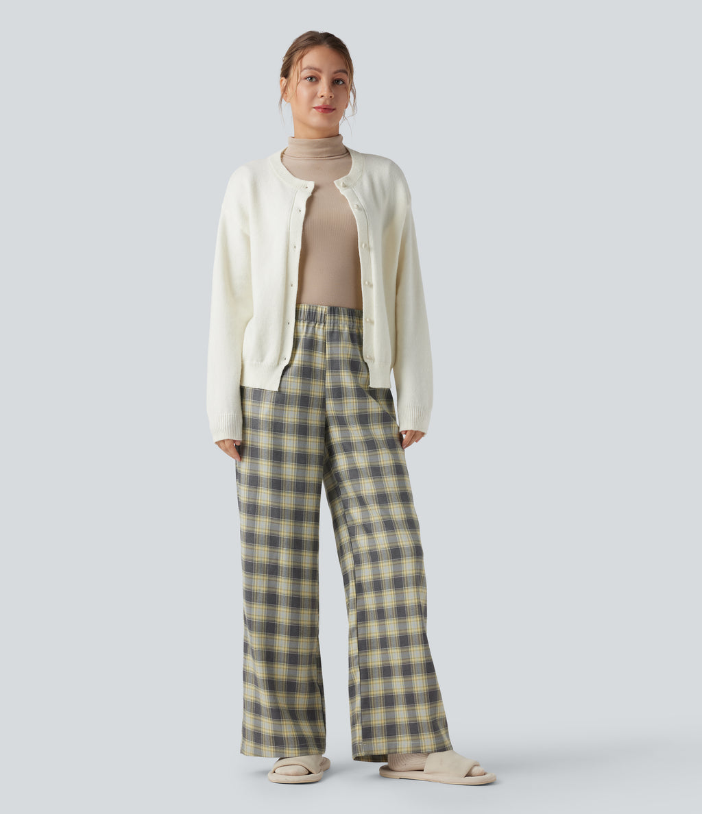 High Waisted Plaid Baggy Lounge Trousers with Pockets — Mustard Plaid — view 6