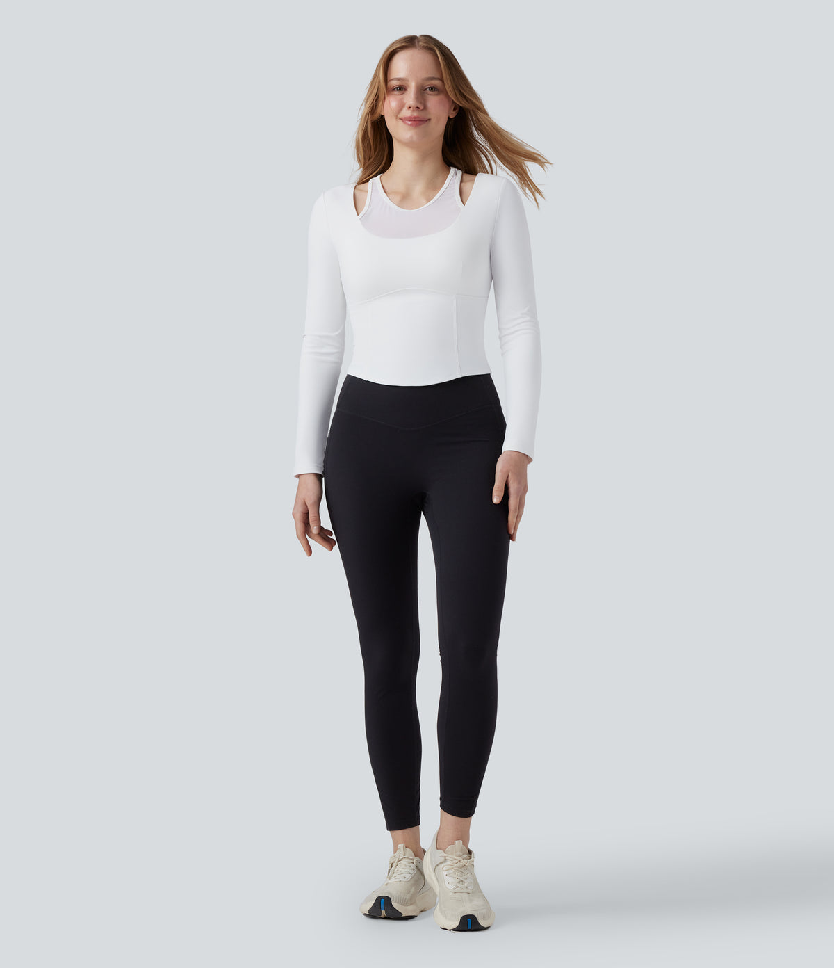 Plush Push-Up Contrast Mesh Long Sleeve Yoga Sports Top — White — view 7