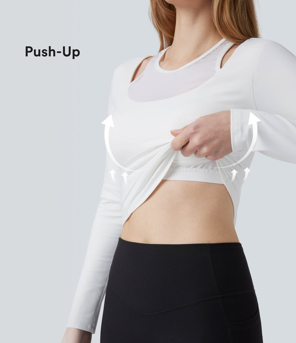 Plush Push-Up Contrast Mesh Long Sleeve Yoga Sports Top — White — view 1