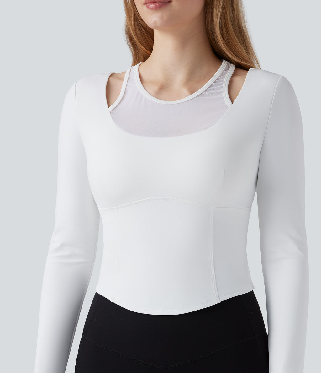Plush Push-Up Contrast Mesh Long Sleeve Yoga Sports Top — White — view 5
