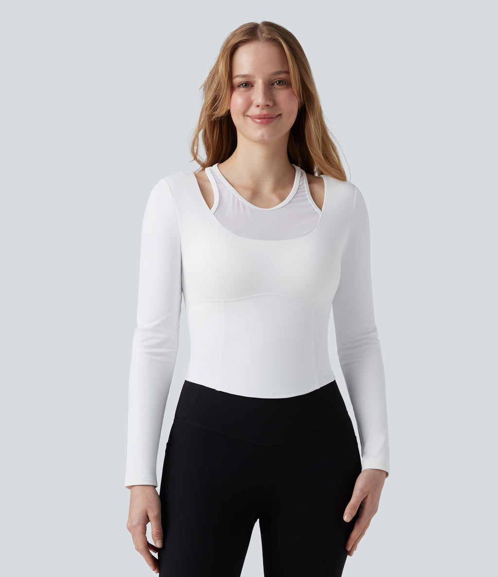Plush Push-Up Contrast Mesh Long Sleeve Yoga Sports Top — White — view 2