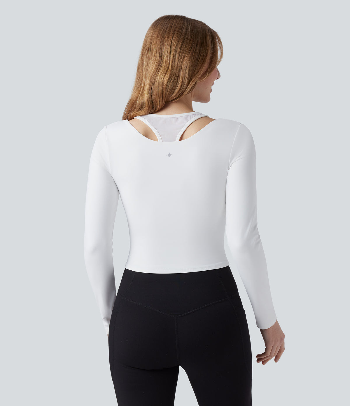 Plush Push-Up Contrast Mesh Long Sleeve Yoga Sports Top — White — view 3