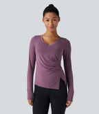 Molded Cups Push-Up V-neck Long Sleeve Ruched Split Hem Casual Top A/B Cup — Red Violet Floral Yarn — view 2