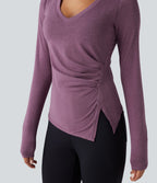 Molded Cups Push-Up V-neck Long Sleeve Ruched Split Hem Casual Top A/B Cup — Red Violet Floral Yarn — view 5