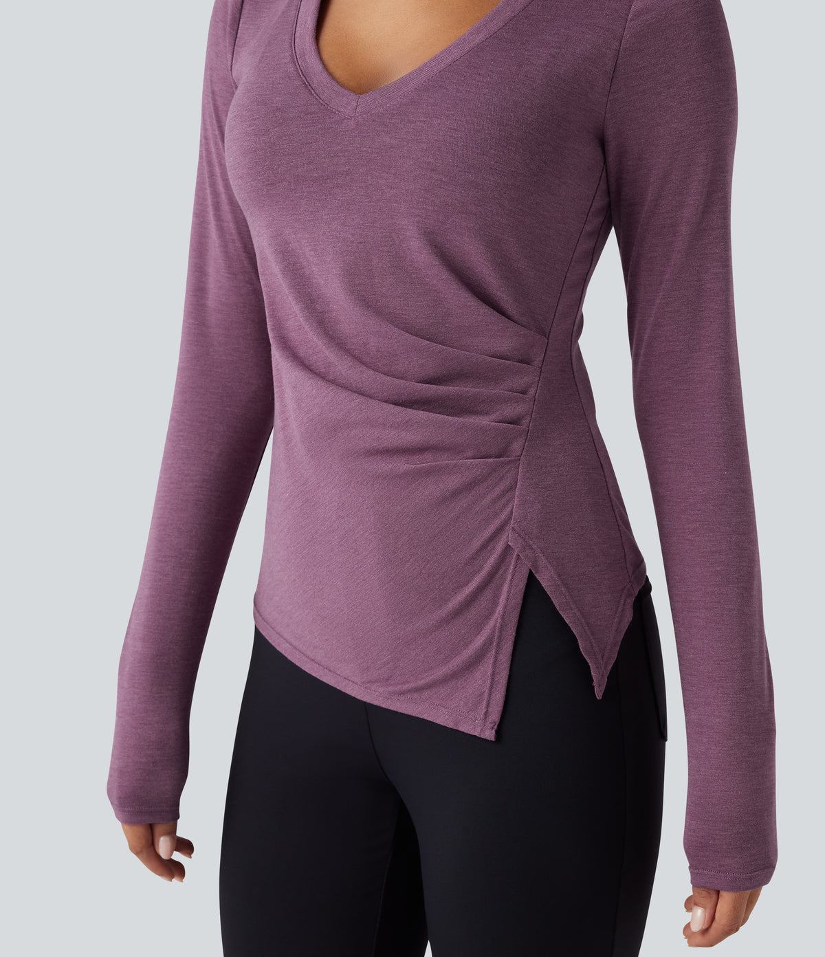 Molded Cups Push-Up V-neck Long Sleeve Ruched Split Hem Casual Top A/B Cup — Red Violet Floral Yarn — view 5