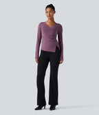 Molded Cups Push-Up V-neck Long Sleeve Ruched Split Hem Casual Top A/B Cup — Red Violet Floral Yarn — view 6