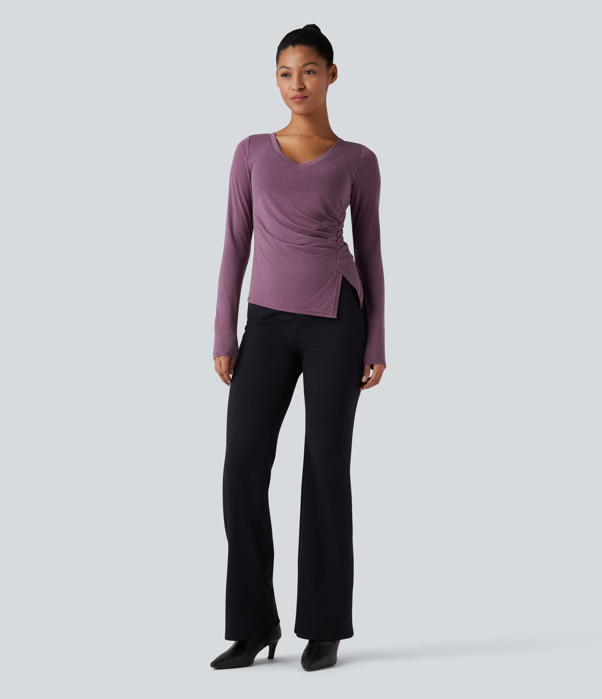 Molded Cups Push-Up V-neck Long Sleeve Ruched Split Hem Casual Top A/B Cup — Red Violet Floral Yarn — view 6
